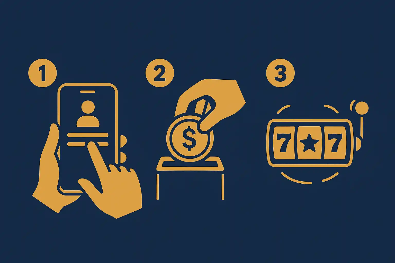 Three numbered illustrated steps showing registration, deposit and wagering